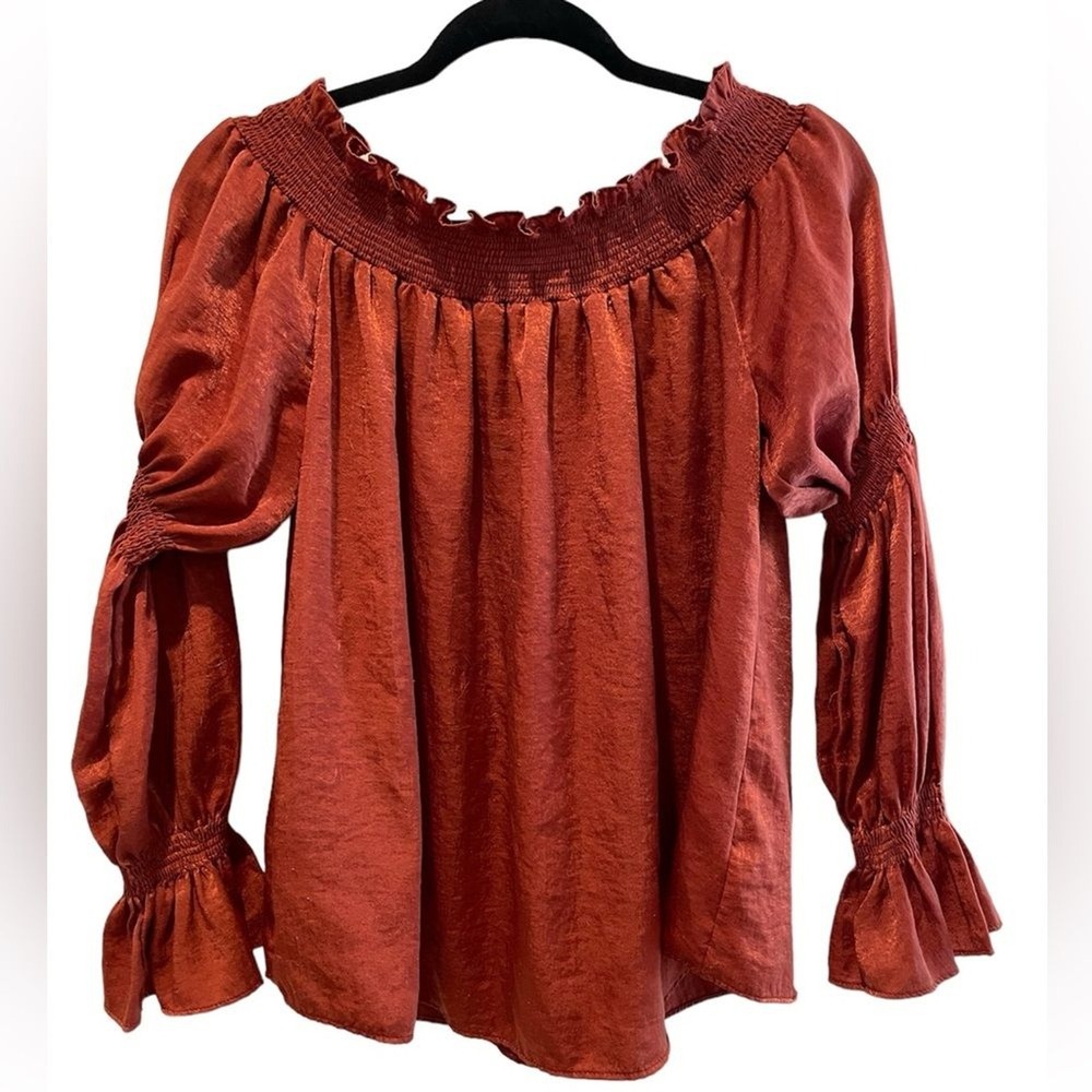 Lavish Women's Rust Orange Smocked Off Shoulder Bell Sleeve Blouse Size M
